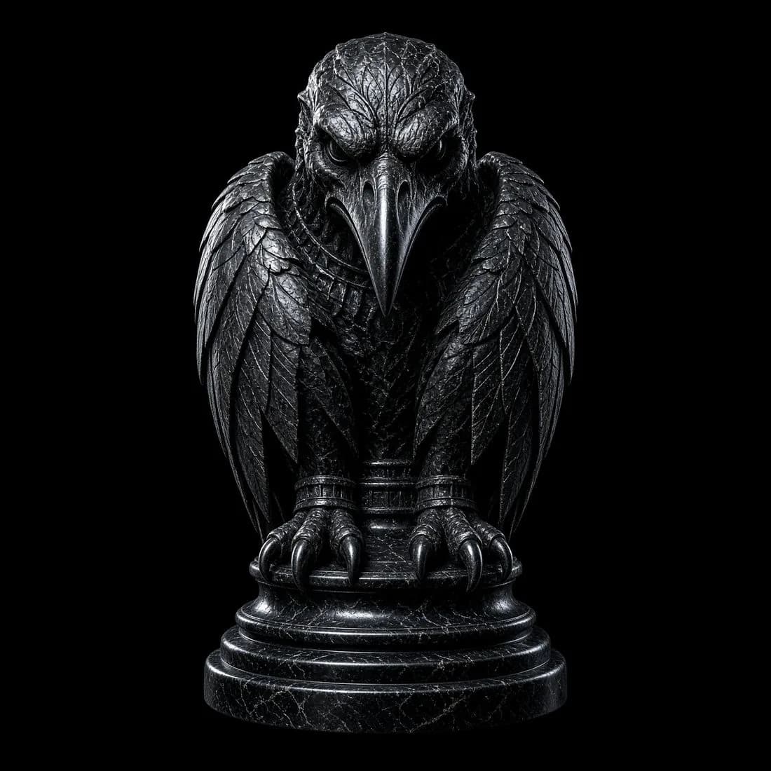 Escultura completa do corvo da Korvus em mármore negro