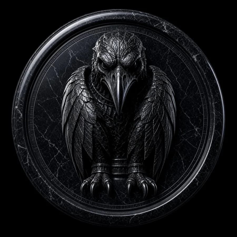 Emblema da Korvus: corvo esculpido em mármore negro sobre medalhão circular